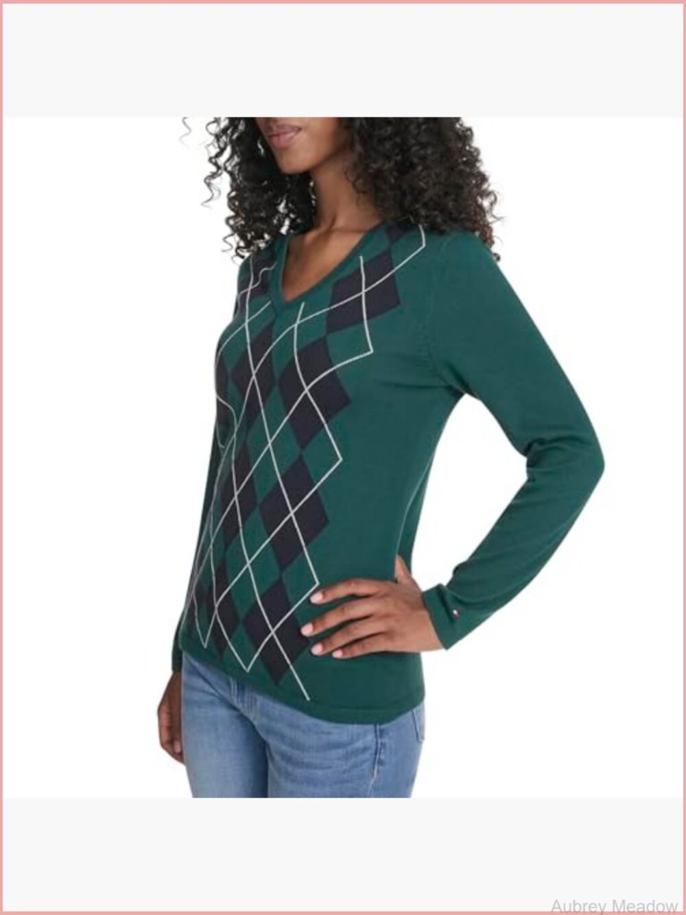 Long Sleeve Cotton Argyle V-Neck Pullover Sweater - Picture 3 of 5